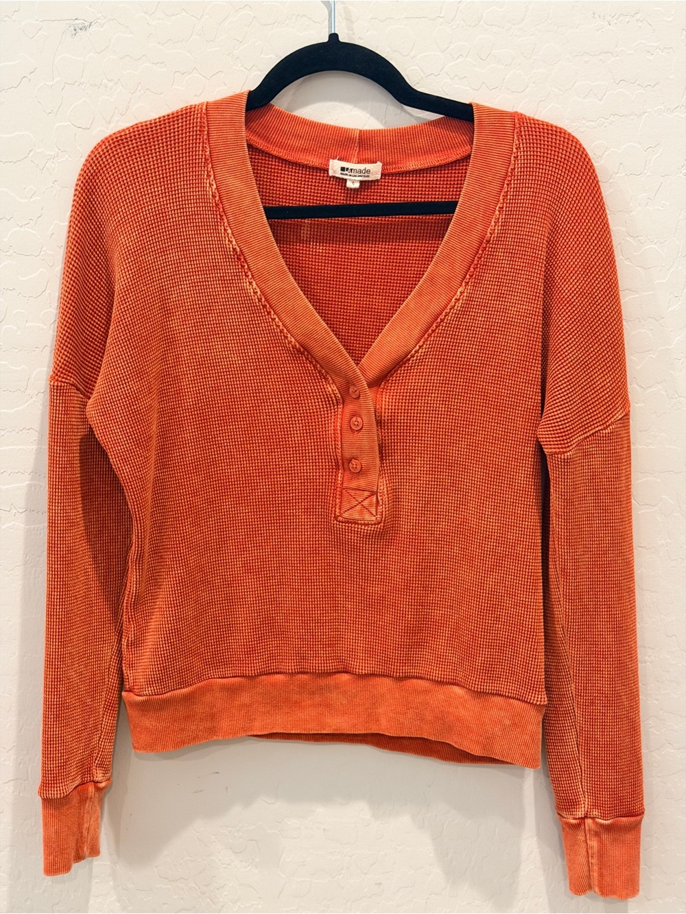 LAmade Orange Waffle-Knit Distressed V-Neck Henley Sweater.